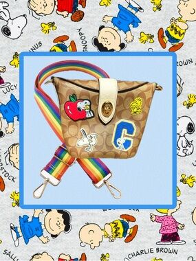 Coach X Peanuts Addie Signature Crossbody with Rainbow Strap Varsity Patches